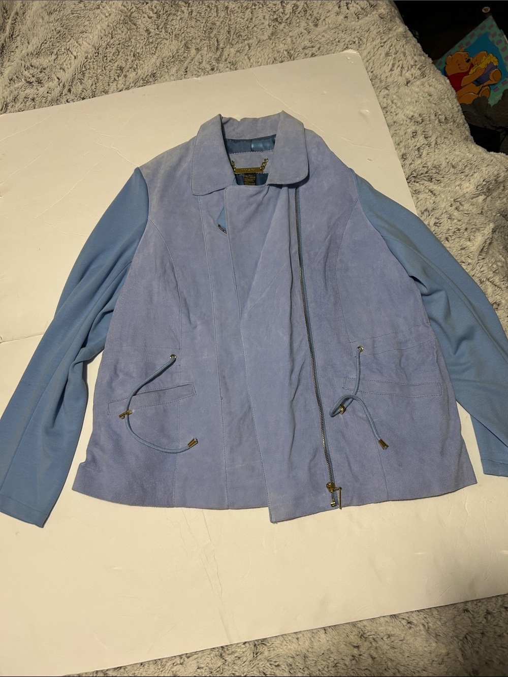 IMAN Global Chic 100% Genuine Leather Blue Moto Jacket Gold Hardware size large